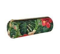 BNVSADC Vegetation Leaves with Hibiscus Flowers Printed Round Pencil Case Leather Pencil Pouch Cute Stationery Pencil Pen Bag for School Office Travel