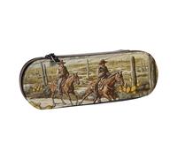 BNVSADC West Desert Cowboys Riding Horses Printed Leather Pencil Pen Case & Makeup Bag - Stylish Hard Shell Pencil Bag Stationery Organizer Pouch for School Office Travel
