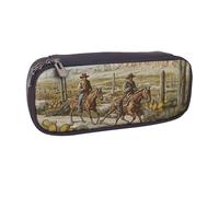 BNVSADC West Desert Cowboys Riding Horses Printed Leather Pencil Pen Case & Makeup Bag - Stylish Pencil Bag Stationery Organizer Pouch for School Office Travel