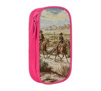 BNVSADC West Desert Cowboys Riding Horses Printed Pencil Case for Girls Boys, Large Capacity Pencil Pouch Cute Pencil Box Adult Makeup Bag with 2 Compartments, Pink