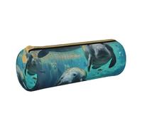 BNVSADC West Indian Manatees Printed Round Pencil Case Leather Pencil Pouch Cute Stationery Pencil Pen Bag for School Office Travel
