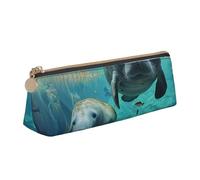 BNVSADC West Indian Manatees Printed Triangle Pencil Case Leather Pencil Pouch Cute Stationery Pencil Pen Bag for School Office Travel