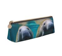 BNVSADC West Indian Manatees Printed Triangle Pencil Case Leather Pencil Pouch Cute Stationery Pencil Pen Bag for School Office Travel