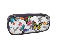 BNVSADC White Floral Pattern Colorful Butterflies Art Printed Leather Pencil Pen Case & Makeup Bag - Stylish Pencil Bag Stationery Organizer Pouch for School Office Travel