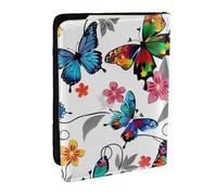 BNVSADC White Floral Pattern Colorful Butterflies Art Printed Passport Holder Travel PU Leather Passport Cover Case Organiser for Men Women, 6.5 inch