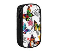 BNVSADC White Floral Pattern Colorful Butterflies Art Printed Pencil Case for Girls Boys, Large Capacity Pencil Pouch Cute Pencil Box Adult Makeup Bag with 2 Compartments, Black