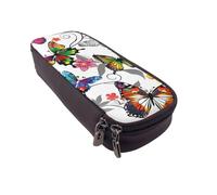 BNVSADC White Floral Pattern Colorful Butterflies Art Printed PU Leather Flip Pencil Case, Cute Pencil Box Pen Bag Stationery Organizer Makeup Bag for School Office Travel
