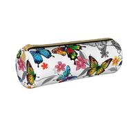 BNVSADC White Floral Pattern Colorful Butterflies Art Printed Round Pencil Case Leather Pencil Pouch Cute Stationery Pencil Pen Bag for School Office Travel
