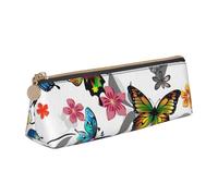 BNVSADC White Floral Pattern Colorful Butterflies Art Printed Triangle Pencil Case Leather Pencil Pouch Cute Stationery Pencil Pen Bag for School Office Travel