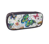 BNVSADC White Floral Pattern Colorful Butterflies Printed Leather Pencil Pen Case & Makeup Bag - Stylish Pencil Bag Stationery Organizer Pouch for School Office Travel