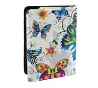 BNVSADC White Floral Pattern Colorful Butterflies Printed Passport Holder Travel PU Leather Passport Cover Case Organiser for Men Women, 6.5 inch