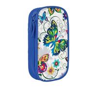 BNVSADC White Floral Pattern Colorful Butterflies Printed Pencil Case for Girls Boys, Large Capacity Pencil Pouch Cute Pencil Box Adult Makeup Bag with 2 Compartments, Blue