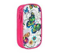 BNVSADC White Floral Pattern Colorful Butterflies Printed Pencil Case for Girls Boys, Large Capacity Pencil Pouch Cute Pencil Box Adult Makeup Bag with 2 Compartments, Pink