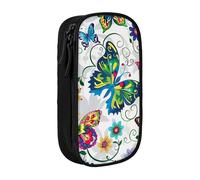BNVSADC White Floral Pattern Colorful Butterflies Printed Pencil Case for Girls Boys, Large Capacity Pencil Pouch Cute Pencil Box Adult Makeup Bag with 2 Compartments, Black