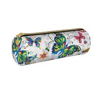 BNVSADC White Floral Pattern Colorful Butterflies Printed Round Pencil Case Leather Pencil Pouch Cute Stationery Pencil Pen Bag for School Office Travel