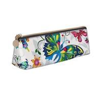 BNVSADC White Floral Pattern Colorful Butterflies Printed Triangle Pencil Case Leather Pencil Pouch Cute Stationery Pencil Pen Bag for School Office Travel