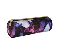 BNVSADC White Purple Butterflies Printed Round Pencil Case Leather Pencil Pouch Cute Stationery Pencil Pen Bag for School Office Travel