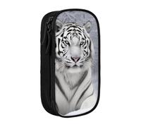 BNVSADC White Tiger in Snow Printed Pencil Case for Girls Boys, Large Capacity Pencil Pouch Cute Pencil Box Adult Makeup Bag with 2 Compartments, Black