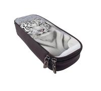 BNVSADC White Tiger in Snow Printed PU Leather Flip Pencil Case, Cute Pencil Box Pen Bag Stationery Organizer Makeup Bag for School Office Travel