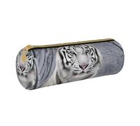 BNVSADC White Tiger in Snow Printed Round Pencil Case Leather Pencil Pouch Cute Stationery Pencil Pen Bag for School Office Travel