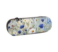 BNVSADC Wild Flowers and Cornflowers Daisies Art Printed Leather Pencil Pen Case & Makeup Bag - Stylish Hard Shell Pencil Bag Stationery Organizer Pouch for School Office Travel