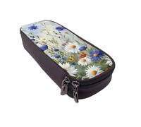 BNVSADC Wild Flowers and Cornflowers Daisies Art Printed PU Leather Flip Pencil Case, Cute Pencil Box Pen Bag Stationery Organizer Makeup Bag for School Office Travel