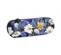 BNVSADC Wild Flowers and Cornflowers Daisies Printed Leather Pencil Pen Case & Makeup Bag - Stylish Hard Shell Pencil Bag Stationery Organizer Pouch for School Office Travel