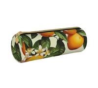 BNVSADC Yellow Blossom and Orange Fruits Printed Round Pencil Case Leather Pencil Pouch Cute Stationery Pencil Pen Bag for School Office Travel