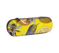 BNVSADC Yellow Lemon and Bee Printed Leather Pencil Pen Case & Makeup Bag - Stylish Hard Shell Pencil Bag Stationery Organizer Pouch for School Office Travel