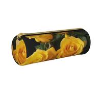 BNVSADC Yellow Roses Printed Round Pencil Case Leather Pencil Pouch Cute Stationery Pencil Pen Bag for School Office Travel