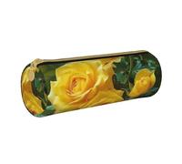 BNVSADC Yellow Roses Printed Round Pencil Case Leather Pencil Pouch Cute Stationery Pencil Pen Bag for School Office Travel