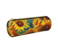 BNVSADC Yellow Sunflowers Printed Round Pencil Case Leather Pencil Pouch Cute Stationery Pencil Pen Bag for School Office Travel