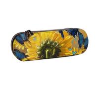 BNVSADC Yellow Sunflowers with Blue Butterflies Printed Leather Pencil Pen Case & Makeup Bag - Stylish Hard Shell Pencil Bag Stationery Organizer Pouch for School Office Travel