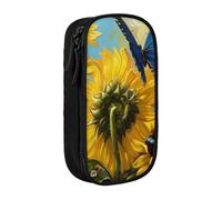 BNVSADC Yellow Sunflowers with Blue Butterflies Printed Pencil Case for Girls Boys, Large Capacity Pencil Pouch Cute Pencil Box Adult Makeup Bag with 2 Compartments, Black