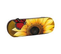 BNVSADC Yellow Sunflowers with Red Butterfly Printed Leather Pencil Pen Case & Makeup Bag - Stylish Hard Shell Pencil Bag Stationery Organizer Pouch for School Office Travel