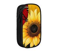 BNVSADC Yellow Sunflowers with Red Butterfly Printed Pencil Case for Girls Boys, Large Capacity Pencil Pouch Cute Pencil Box Adult Makeup Bag with 2 Compartments, Black