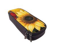 BNVSADC Yellow Sunflowers with Red Butterfly Printed PU Leather Flip Pencil Case, Cute Pencil Box Pen Bag Stationery Organizer Makeup Bag for School Office Travel