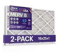 BNX 16x25x1 MERV 8 Air Filter 2 Pack - MADE IN USA - Electrostatic Pleated Air Conditioner HVAC AC Furnace Filters - Removes Dust, Mold, Pollen, Lint