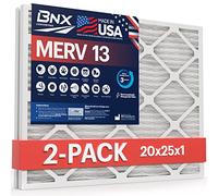 BNX 20x25x1 MERV 13 Air Filter 2 Pack - MADE IN USA - Electrostatic Pleated Air Conditioner HVAC AC Furnace Filters - Removes Pollen, Mold, Bacteria
