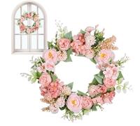 BnyHjir Spring Door Wreath With LED Light, 40cm Simulated Peony Camellia Garland, Artificial Summer Green Wreaths With White Peony Flowers, Farmhouse Flower Wreaths For Door Window Wall Decor