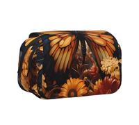 BOAIHH Orange Yellow Butterfly Field Flowers Double Clamshell Pen Case Full-Width Printing Suitable for Sketching Traveling and School