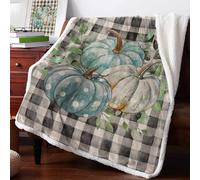 Boanket Aqua White Pumpkins Fall Sherpa Fleece Soft Double-Layered Fluffy Blanket, Black Plaid Thanksgiving Warm Throw Blankets for Living Room, Bedroom, 49" W x 59" L
