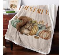 Boanket Fall Squirrel Sherpa Fleece Soft Double-Layered Fluffy Blanket, Thanksgiving Pumpkins Maple Leaf Rustic Warm Throw Blankets for Living Room, Bedroom, 59" W x 79" L