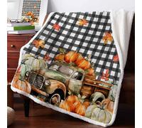 Boanket Fall Truck Sherpa Fleece Soft Double-Layered Fluffy Blanket, Pumpkins Thanksgiving Botanical Black Plaid Warm Throw Blankets for Living Room, Bedroom, 49" W x 59" L