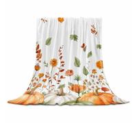 Boanket Green Orange Pumpkins Fall Throw Blanket Thanksgiving Floral Botanical Flannel Fleece Blanket, Lightweight Blankets for Women - Microfiber Nap Blankets for Couch, Bed, Sofa 80" x 60"