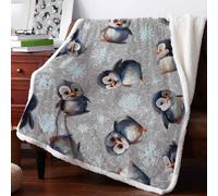 Boanket Grey Christmas Sherpa Fleece Soft Double-Layered Fluffy Blanket, Watercolor Penguin Xmas Snowflake Warm Throw Blankets for Living Room, Bedroom, 59" W x 79" L