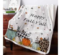 Boanket Sage Green Fall Sherpa Fleece Soft Double-Layered Fluffy Blanket, Thanksgiving Pumpkins Botanical Warm Throw Blankets for Living Room, Bedroom, 59" W x 79" L