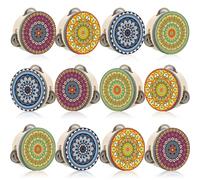 Boao 12 Pcs 4 Inch Mandala Tambourines Bulk Wooden Hand Drum with Metal Jingles Decorative Boho Percussion Instrument for Adults, Church, Wedding, Dance, Party Favors, Photography Props