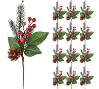 Boao 12 Pieces Pine Snowy Flower Picks Artificial Holly Red Berry Pine Cone Picks Fake Berries Pine Cones for Christmas Crafts Party Festive Home Decor 11 Inch Flexible Stems