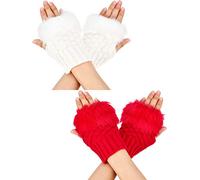 Boao 2 Pairs Fingerless Winter Gloves - Short Touchscreen With Thumb Hole, Knitted Warm Mittens With Faux Fur (White and Red)